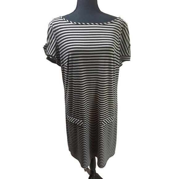 Laundry By Design Striped Black & Tan Short Sleeve Dress L Stretch Shift Career - Picture 1 of 11